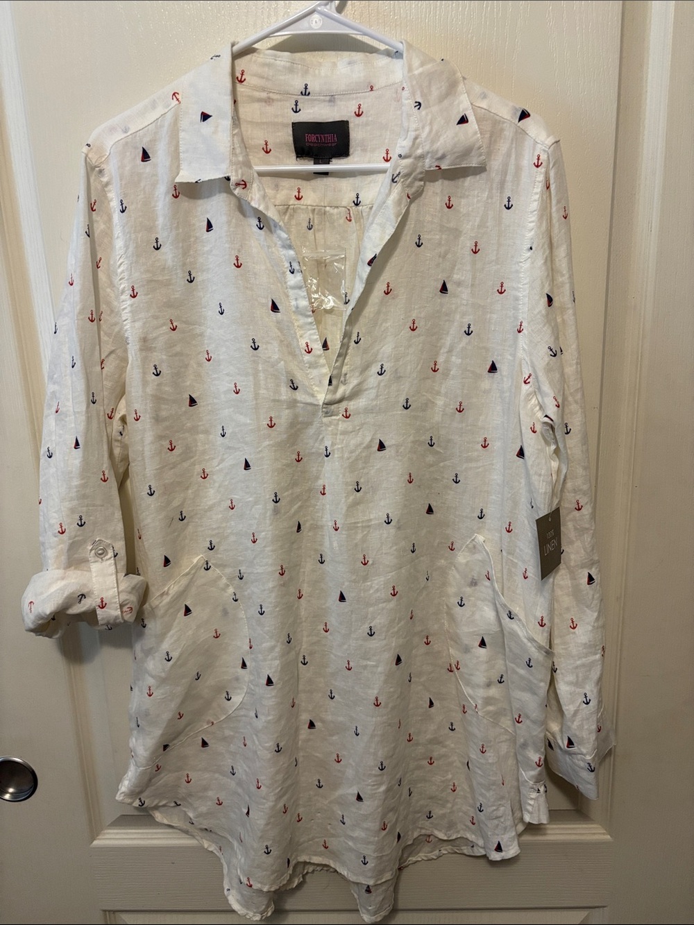 ForCynthia Beachwear White Linen Swim Coverup with Red & Navy Anchor Print